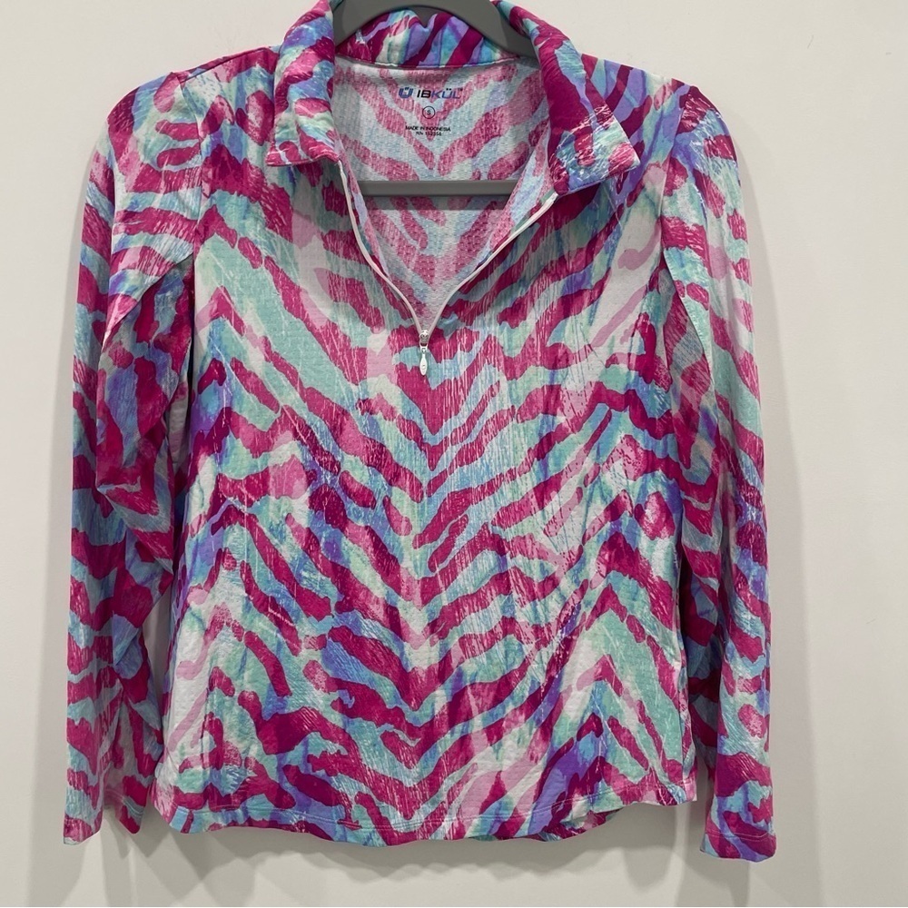Ibkul Golf Top Small Multicolor 1/4 Zip Mock Neck Geometric Print Long Sleeve - Picture 3 of 5